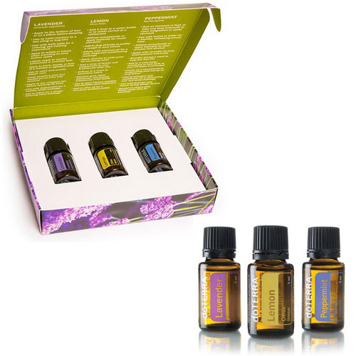 essential oils introductory kit includes 5ml bottles of Lemon essential oil, lavender essential oil and peppermint essential oil